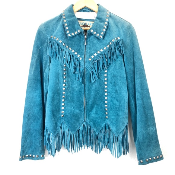Vintage Jackets & Blazers - VINTAGE Blue Suede Stuffed & Fringe Moto Jacket